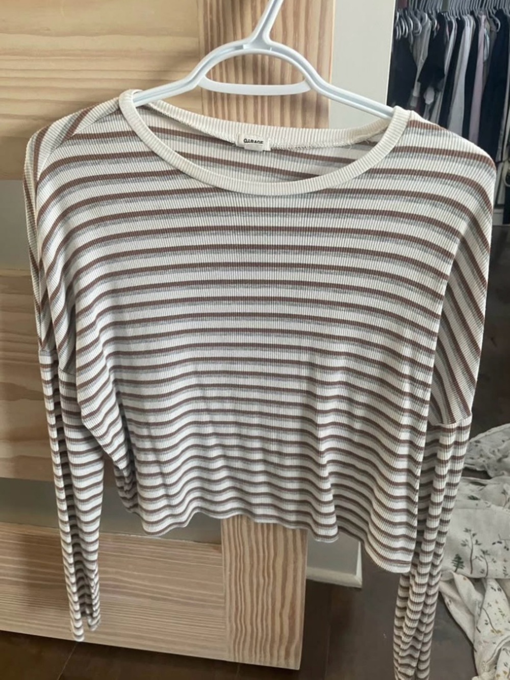 Garage Cream & Brown Striped Long-Sleeve Ribbed Top - small